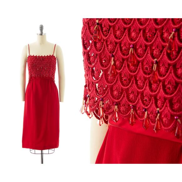 Vintage 1960s Cocktail Dress 60s Beaded Rhinestone Lace Red Sheath Wiggle Party - Picture 1 of 10